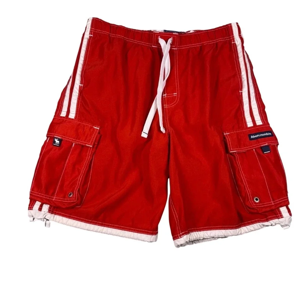 Abercrombie Tugger Board Shorts Mens XL Red Excellent Y2K Cargo Stripe 18.5